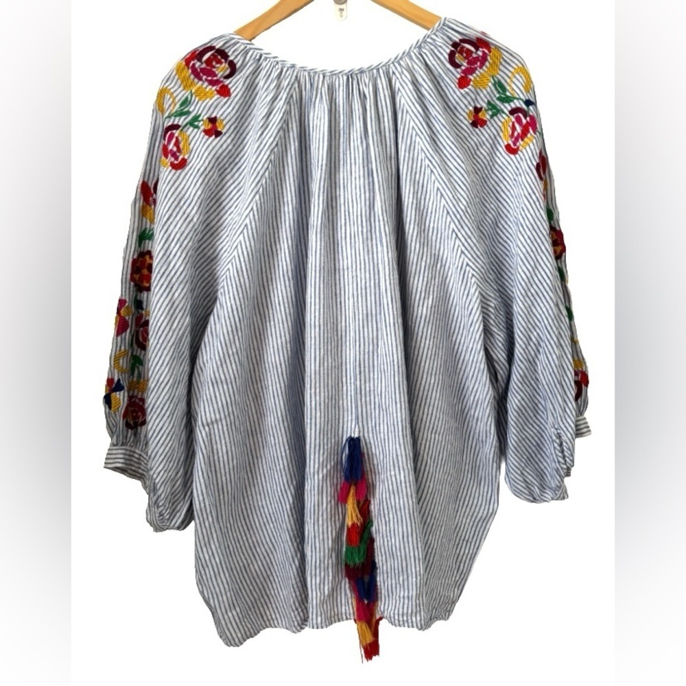 Chelsea & Theodore blu strp w embr & tassel linen/cotton blnd qtop SZ 3X peasant - Picture 2 of 7